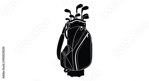 A black silhouette depicts a golf bag filled with various clubs standing upright on a white background silhouette