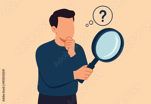  Search, discover, analyze report or specialist investigate and research for insight information concept, curiosity guy detective holding huge magnifying glass and thinking about evidence and result.