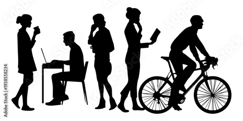 Silhouettes of people in daily work routine, including cycling and coffee break, isolated on transparent background.