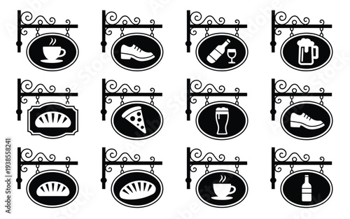 Antique iron street signboards, vector set featuring vintage shop signs hanging on decorative wrought metal brackets and chains, ideal for storefronts, cafes, restaurants, and architectural designs.