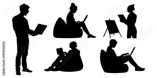 Silhouettes of people working remotely with laptops and beanbags, isolated on transparent background, modern workspace.