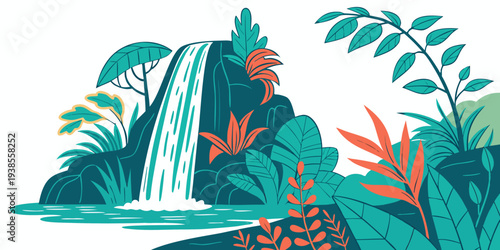 A colorful illustration of a waterfall in a lush tropical forest with vibrant plants Vector