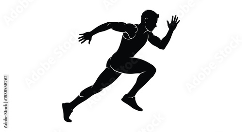 A dynamic black silhouette of a male athlete in mid stride appearing to run swiftly forward silhouette high quality professional