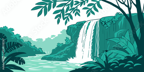 A serene waterfall in a lush green forest with a river flowing through it Vector