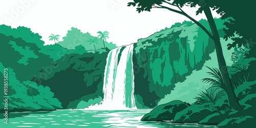 A serene green waterfall in a forest with a tree on the right Vector