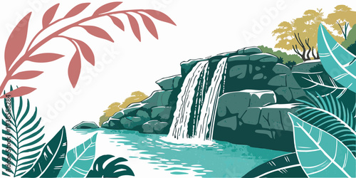 A serene waterfall surrounded by lush greenery and vibrant plants Vector