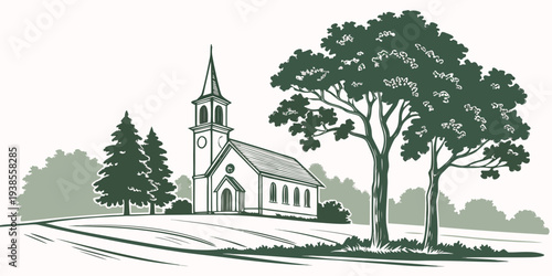 A church with a steeple and trees in the countryside Vector