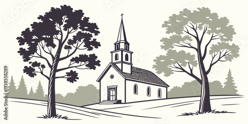 A small church with a steeple and trees Vector