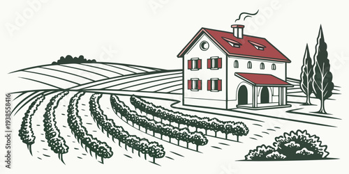 A house on a farm with a red roof and rows of crops Vector