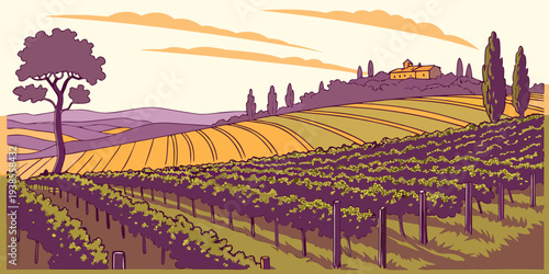 A pixel art illustration of a serene vineyard landscape Vector