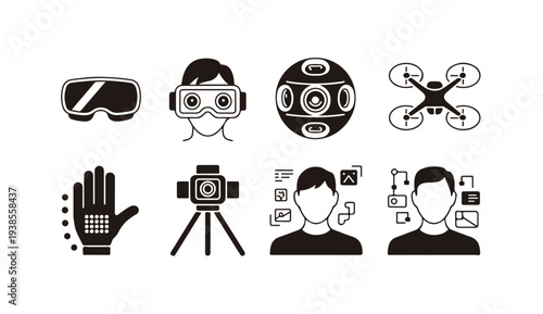 Advanced virtual reality equipment and user interface flat glyph icons for future tech