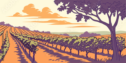 A pixelated image of a vineyard at sunset with rows of grapevines and a tree Vector