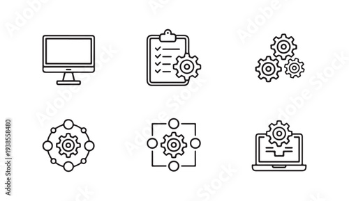 Computer settings and workflow management line icons for technical optimization services