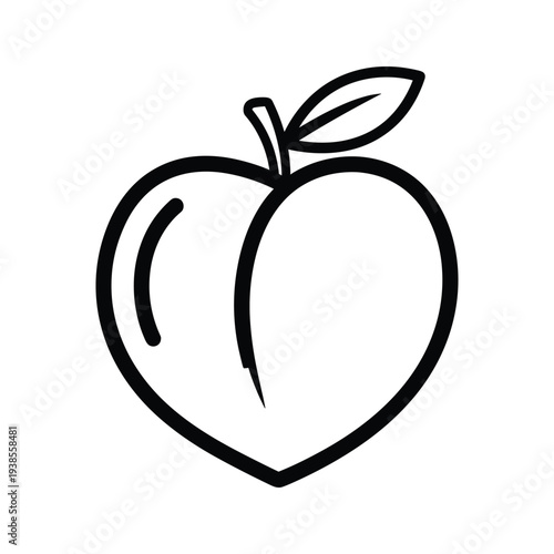 Minimalist Black and White Peach Line Art Illustration, Heart Shaped Fruit with Stem and Leaf