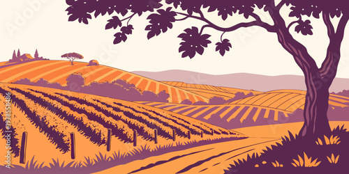 A serene landscape of a tree and vineyard Vector