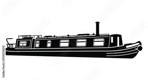 A striking black silhouette of a traditional narrowboat displaying its length and features silhouette high quality professional detailed modern