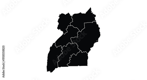 A stark black shape outlines the geographical boundaries of uganda presented as a dramatic silhouette high quality professional detailed