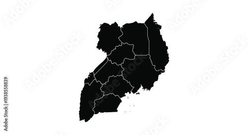 A stark black silhouette depicts the geographical outline of the african nation of uganda silhouette high quality professional detailed