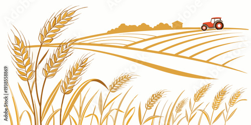 A tractor driving through a field of wheat Vector