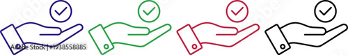 Hand holding checkmark icon, approval, guarantee, blue, green, red, black symbols