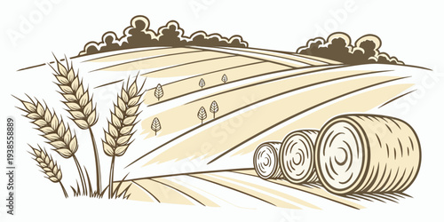 A drawing of a wheat field with a haystack and wheat Vector