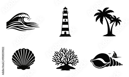 Set of black silhouette ocean and beach icons. Nautical vector collection with wave, lighthouse, palm trees, seashells, and coral.