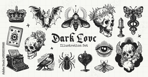 Dark Love Gothic Occult Engraving Illustration Set with Skull, Crown, Bat and Mystical Symbols