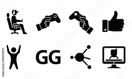 Gaming and Esports Black Vector Icon Set. Gamer, Streamer, Controller, GG Icons.