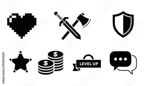 Simple Black Vector Video Game Icons Set with Pixel Heart, Sword, Axe, Shield, Coins, and Level Up