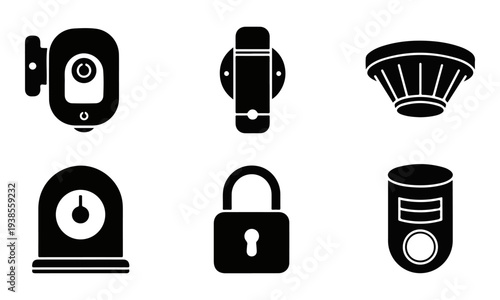 Set of Black Security and Alarm System Icons. Surveillance Camera, Padlock, Smoke Detector Vector Illustration.