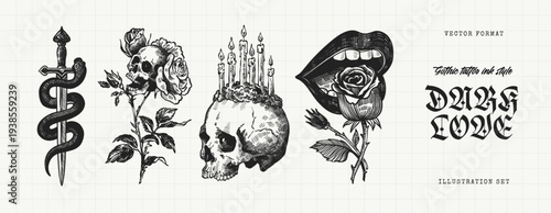 Dark Love Gothic Tattoo Engraving Set with Skull, Rose, Dagger and Serpent Symbol
