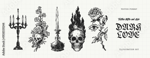Dark Love Gothic Tattoo Engraving Set with Flaming Skull, Candelabra, Rose and Mystical Eye
