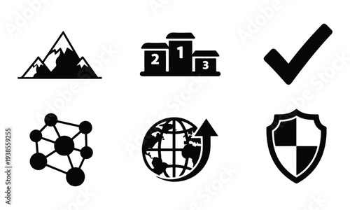 Set of six modern black vector icons for business, achievement, and security