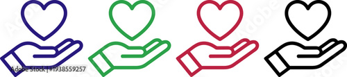 Hand holding heart icon blue green red black on transparent background love symbol