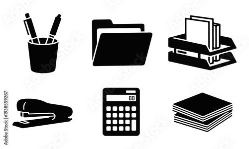 Black Office Supplies Vector Icon Set with Stationery Items