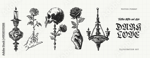 Dark Love Gothic Tattoo Engraving Set with Skull, Roses, Hand and Vintage Chandelier
