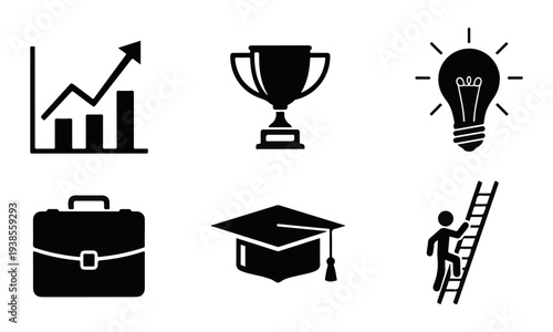 Set of Black Simple Vector Icons for Business, Education, and Success Concepts