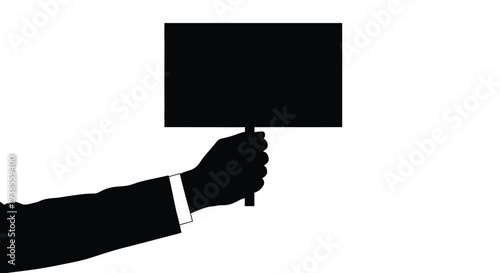A silhouetted hand holding a blank rectangular sign against white