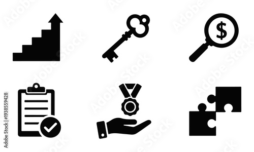 Set of Black Business Icons: Growth, Key, Financial Search, Task, Award, Puzzle