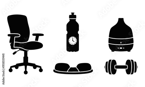 Collection of Black Silhouette Vector Icons for Home Office Wellness and Personal Comfort