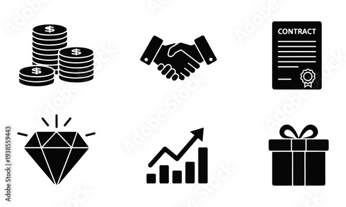 Set of Business and Finance Vector Icons. Money, Deal, Contract, Diamond, Growth, Gift.