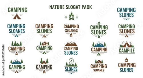 Collection of Camping and Nature Slogans with Outdoor Graphics.