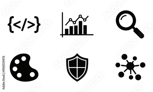 Collection of Black Vector Icons for Web Development, Business Analytics, Security, and Digital Design