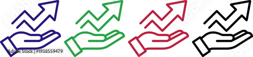 Hand holding upward arrow, representing growth and success, presented in multiple colors for variety