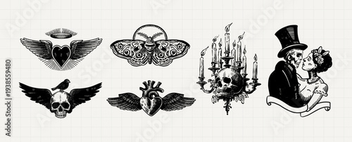 Dark Love Gothic Engraving Set with Winged Hearts, Skull Chandelier and Victorian Couple
