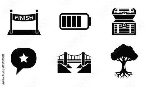 Set of six vector icons including finish line, battery, treasure chest, speech bubble with star, bridge, and tree