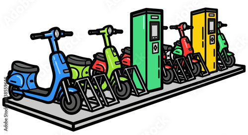 Electric scooters on charging station.