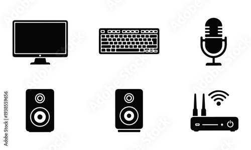 Modern Set of Black Solid Vector Icons for Computer Hardware and Audio Devices