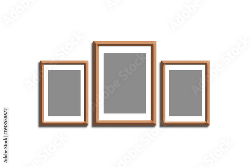 Three empty picture frames in a row on transparent background