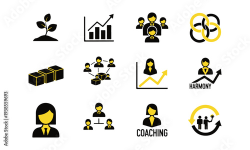 Set of Black and Yellow Business Vector Icons for Growth, Leadership, Finance, Teamwork, Coaching, and Harmony